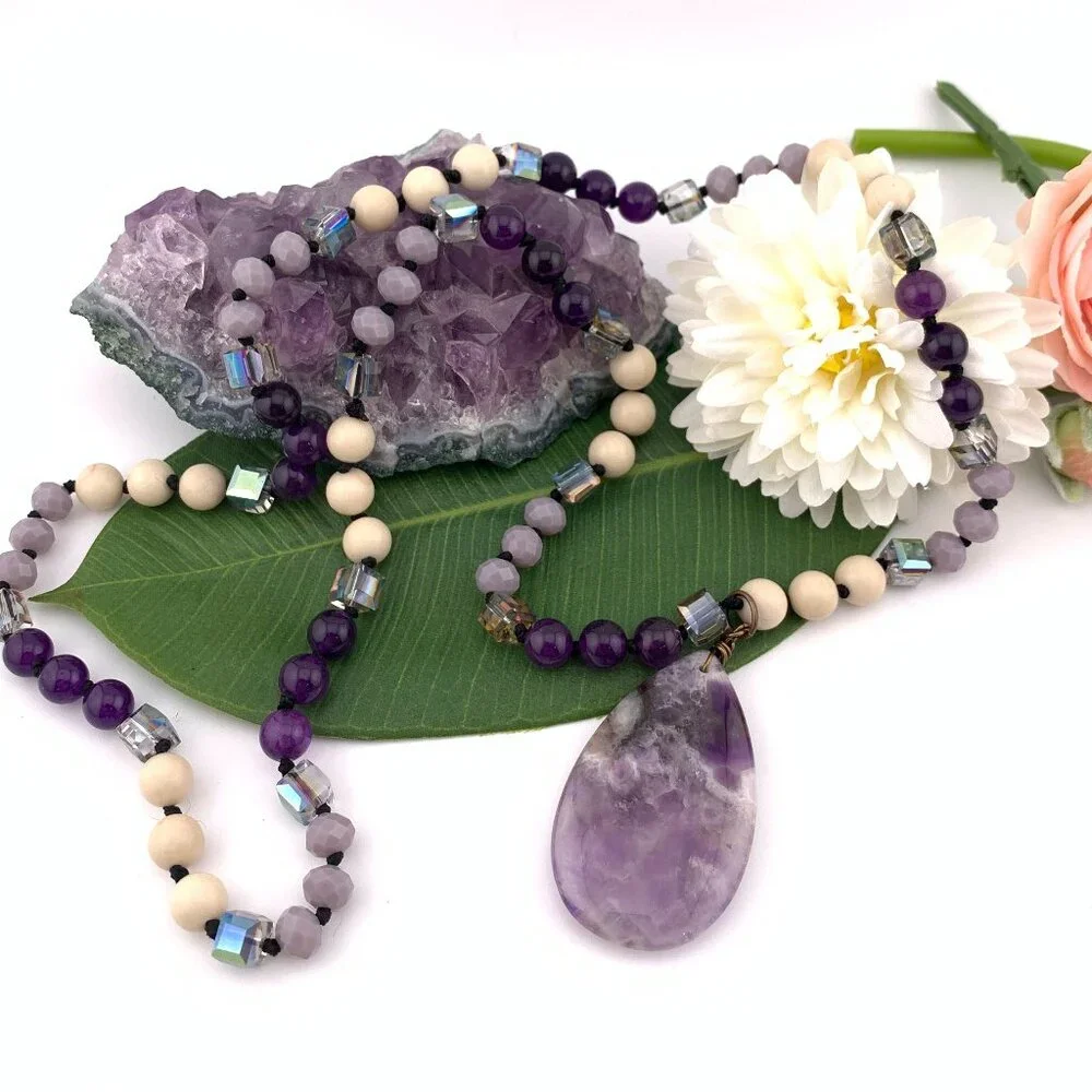 Amethyst Stone Teardrop Stone & Glass Beads Long Necklace Boho J890 - Picture 3 of 10